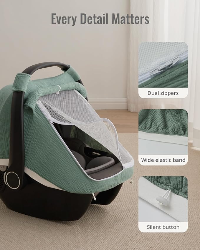 Blissful Diary Baby Car Seat Cover, Extra Large Mesh Window, Breathable Muslin Cotton, Infant Windproof Canopy, Must-Have Baby Gift - Roman Green