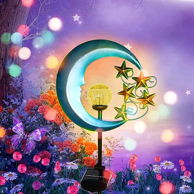 Stars Moon Solar Lights Outdoor - Solar Powered Garden Lights Decorative Crackle Glass Globe Led Waterproof Landscape Lighting for Pathway,Yard,Lawn,Patio
