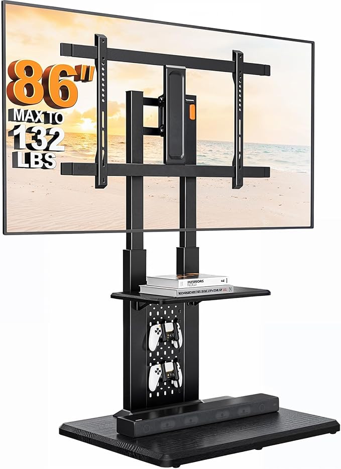 Perlegear Floor TV Stand with Mount for 32-86" TVs up to 132 lbs, Tall TV Stand with Pegboard and 6 Height Settings, TV Swivel Stand with Wooden Base, Max VESA 600x400mm PGFS13