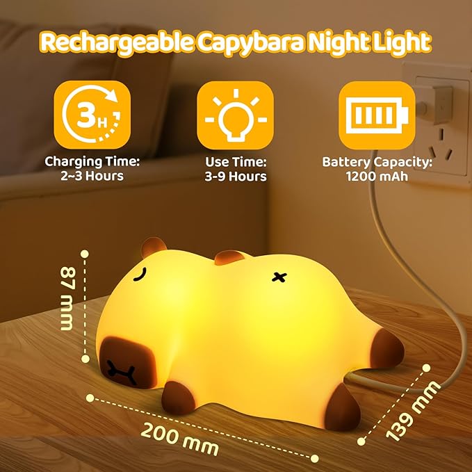 Mewaii Snoring Sound Capybara Night Light for Kids -Silicone Breathing Capybara Gifts Lamp with 3-Level Dimming, Cute Light Rechargeable Cuddly Bedtime Companion for Nursery, Baby Toys& Room Decor