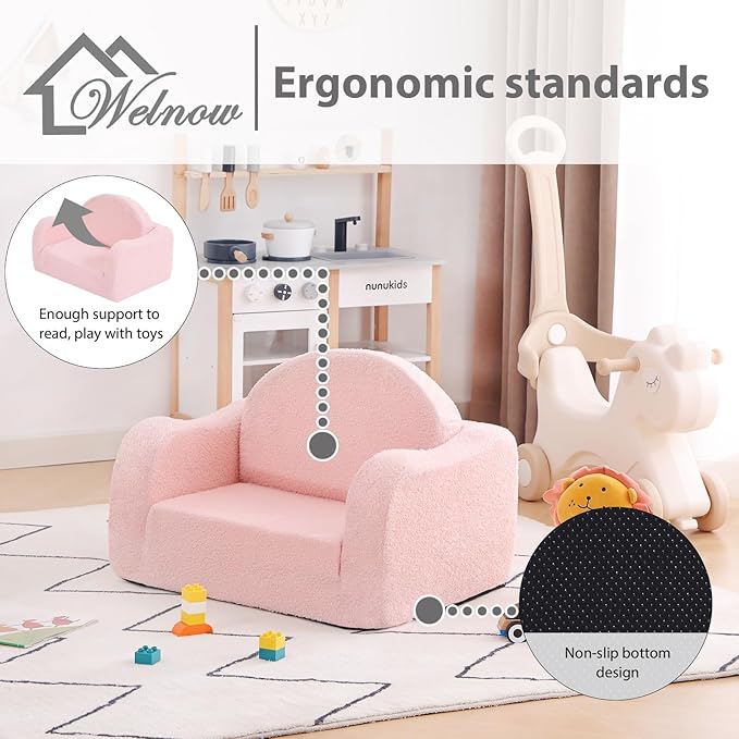 Welnow Kids Sofa, 2-in-1 Soft Sherpa Toddler Chair, Convertible Toddler Couch Lounger, Flip Out Kids Couch Chair with Side Pockets & Removable Cover for Girls and Boys, Pink