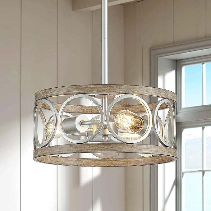 XINGQI 13" Rustic Drum Pendant Lighting Fixture Modern Chandelier 3-Light Height Adjustable Ceiling Lamp for Dining Room Kitchen Island Living Room Bedroom Foyer Hallway, Brushed Nickel