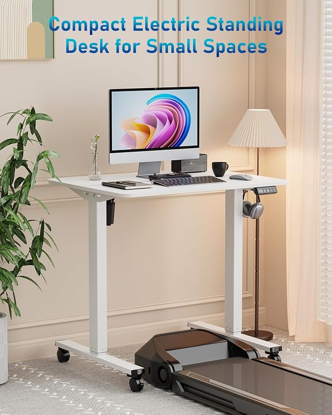 Small Height Adjustable Electric Standing Desk, 31.5" x 23.6" Sit Stand up Desk with Splice Board, Ergonomic Rising Computer Home Office Desk Table with Memory Preset, White Frame/White Top