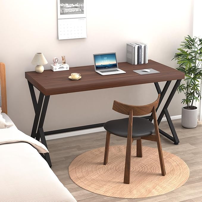 LVB Wood Computer Desk, Rustic Executive Home Office Desk for Bedroom, Industrial Metal Wooden Computer Table for Study Writing Work, Modern PC Student Simple Gaming Desk with Storage, 55 Inch, Walnut