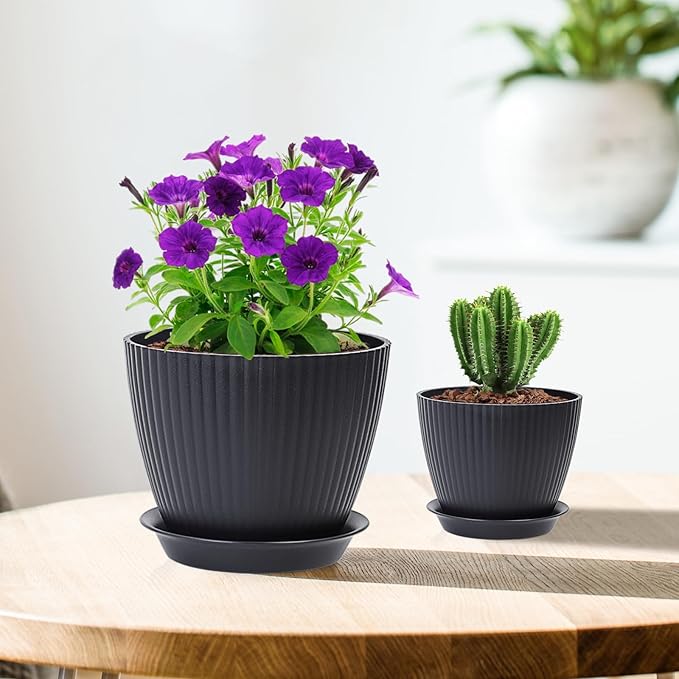 7/6.2/5.5/5/4.5/4 inch Flower Pots, 6 Pack Plant Pots for Small Indoor Outdoor Plants, Plastic Planters with Drainage Holes and Saucers for Garden Succulent House Plants, Black