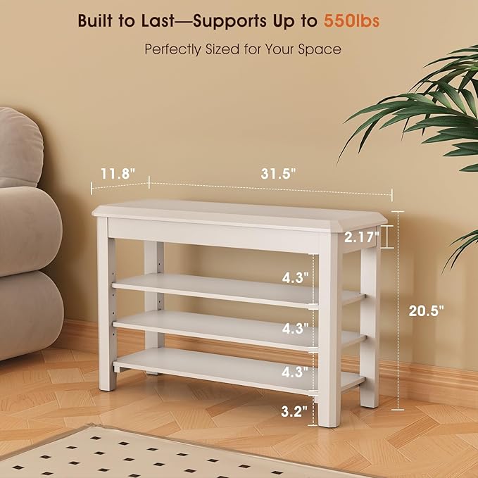 Shoe Rack Bench Seat Rubberwood 3-Tier Wooden Storage Bench 550lbs Compact Mid-Century Modern Design for Entryway, Hallway, Closet, Front Door Entrance, Foyer