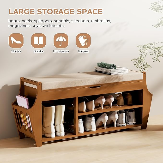 47.2in Shoe Bench Entryway - Bamboo Shoe Rack Bench with Storage, Shoe Rack Organizer with Cushion, 2 Side Holder, Holds Up tp 330lbs for Front Door Entrance, Living Room