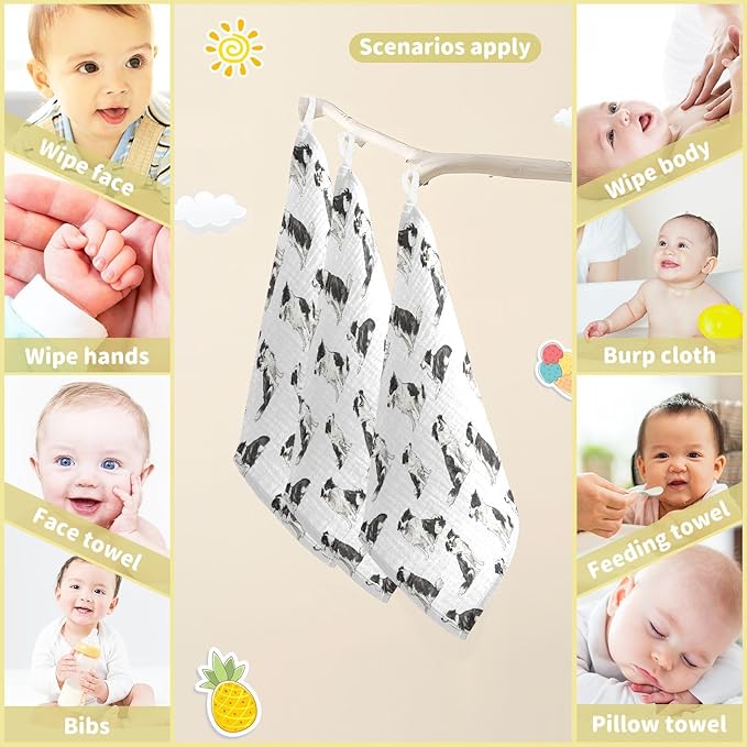 vvfelixl Baby Muslin Washcloths Border Collies Poses Baby Burp Cloths Cotton Babys Face Towel for Newborn Infants Boys Girls Soft and Absorbent 11.8 X 11.8 in, 3 Pack