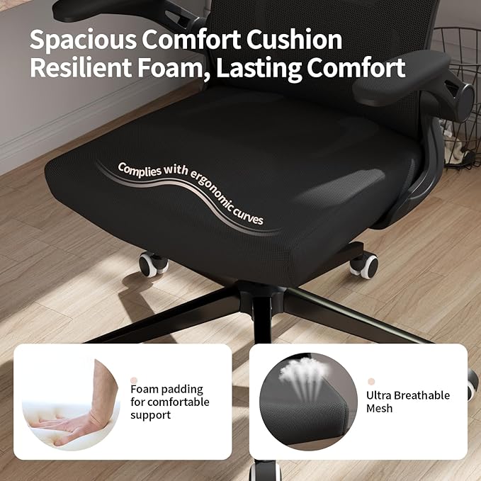 Monhey Office Chair Ergonomic Desk Chair with Lumbar Support&Headrest&Flip-up Arms Height Adjustable Rocking Swivel High Back Computer Chair Black Mesh Study Chair (03All Black)