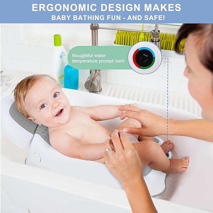 Baby Bath Support,Ideal for Babies Less Than 6 Months Old,with Thermometer-Adjustable Slope Newborn Bathtub, Baby tubs for Newborn Essentials Must Haves (Gray)