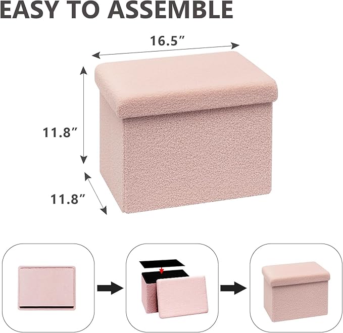 16.5 Folding Storage Ottoman Cube - Small Footrest with Sherpa Top, Multi-Functional Storage for Bedroom, Living Room, Pink