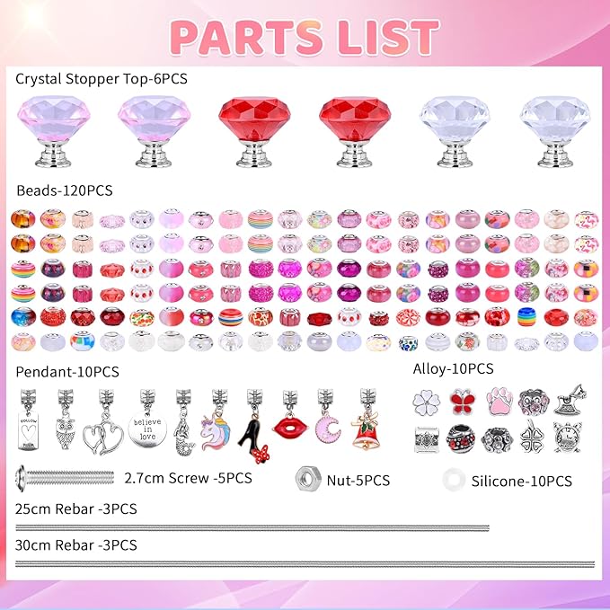 DIY Fairy Wand Garden Beads Stakes Wands Kit,Multiple Color Scheme European Beads Crystal Diamond Tops and 12 or 10 Inch Threaded Rods,Stainless Steel Stakes with Diamond Toppe(Pink+Rose+Red+White)