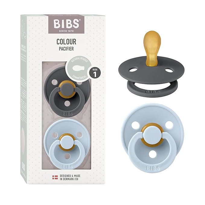 BIBS Pacifiers 0-6 Months | 2-Pack Soothers | Symmetrical Nipple | BPA-Free Natural Rubber | Made in Denmark | Iron/Baby Blue Colour Pacifier