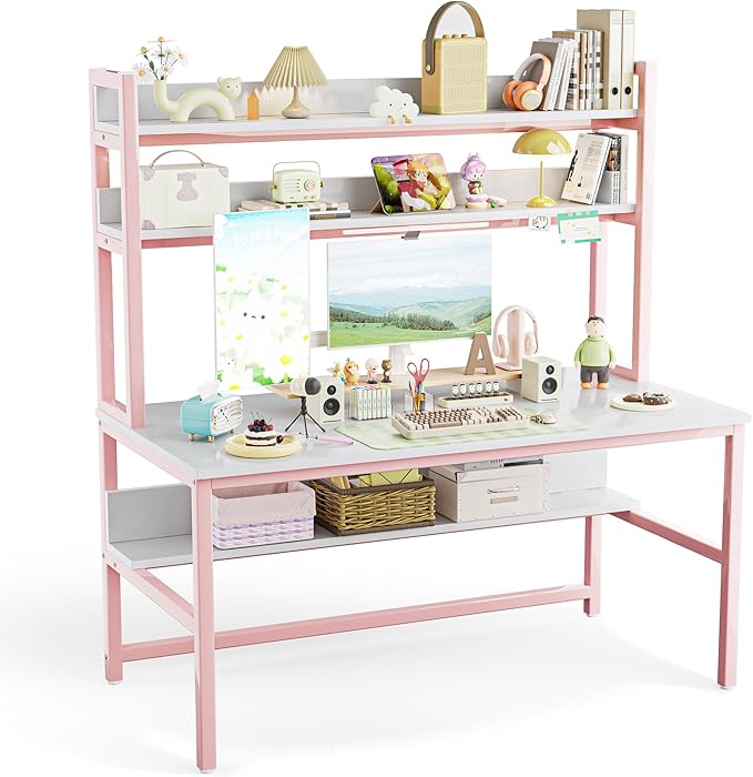 Aquzee Pink Desk with Hutch for Girls, 55in Computer Desk with Bookshelf for Teens Adults, Craft Table for Bedroom Kids Room, White Pink Study Table with Shelves for Storage