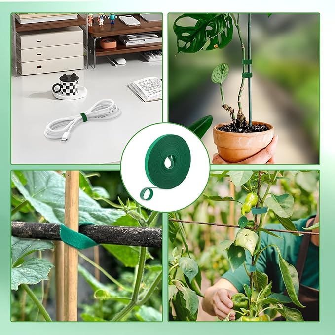 Plant Tape for Climbing Plants,Reusable Garden Tie Tape with Double-Sided Adhesive,Plant Twist Tie,Green Nylon for Outdoor Gardening,Tomato Plant Support,Cable Organization(65.6ft x0.47in)