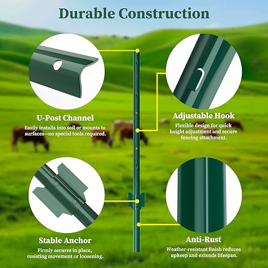 10 Pack Metal Fence Posts, 5ft Heavy Duty U-Post, Green Garden Stakes, No-Dig Post Anchors for Wire Fences, Temporary Fencing, Electric Fence, and Corner Support