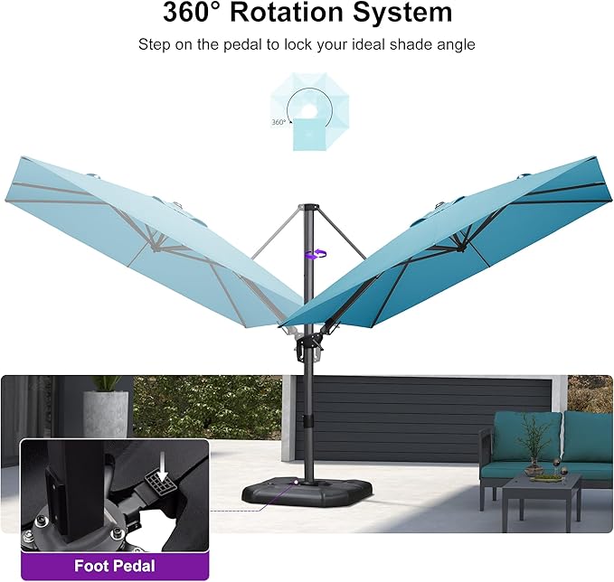 PURPLE LEAF 8.8' X 8.8' Right-left Tilt Patio Umbrella with Base Outdoor Cantilever Swivel Square Umbrella with Tilt Aluminum Offset Umbrella with 360-degree Rotation for Garden Deck Pool Patio Turquoise Blue