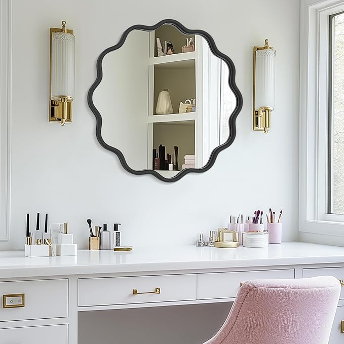 PROHOMEWARE Black Round Mirror 24 Inch Wavy Bathroom Vanity Mirror Black Frame Modern Wall Mirror Decorative Wall-Mounte Anti-Rust, Tempered Glass