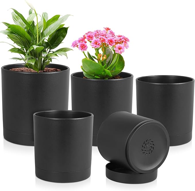 7/6.5/6/5/4 inch Plant Pots for Small Indoor Outdoor Plants, 5 Pack Cylinder Flower Pots with Drainage Holes and Saucers, Plastic Planters for Garden Succulent House Plants, Black
