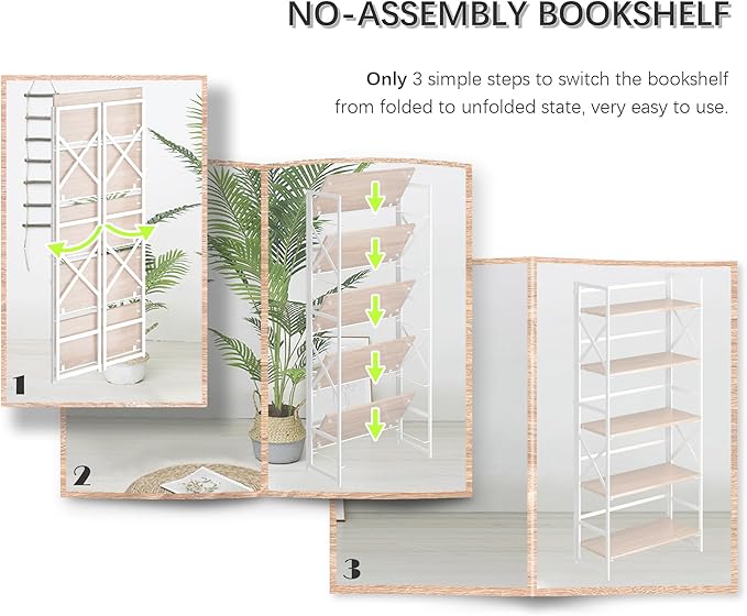 4NM 5 Tiers No Assembly Book Shelves, 51.2" H Folding Bookshelf Bookcase Open Industrial Foldable Shelves for Bedroom, Living Room, Home Office - Natural White