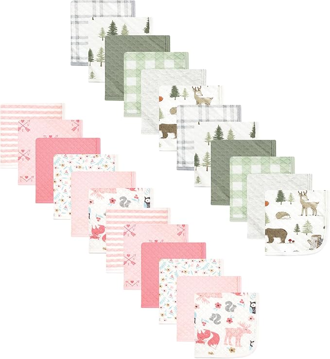 Hudson Baby Unisex Baby 24Pc Quilted Cotton Washcloths, Forest Animals Girl Forest, One Size