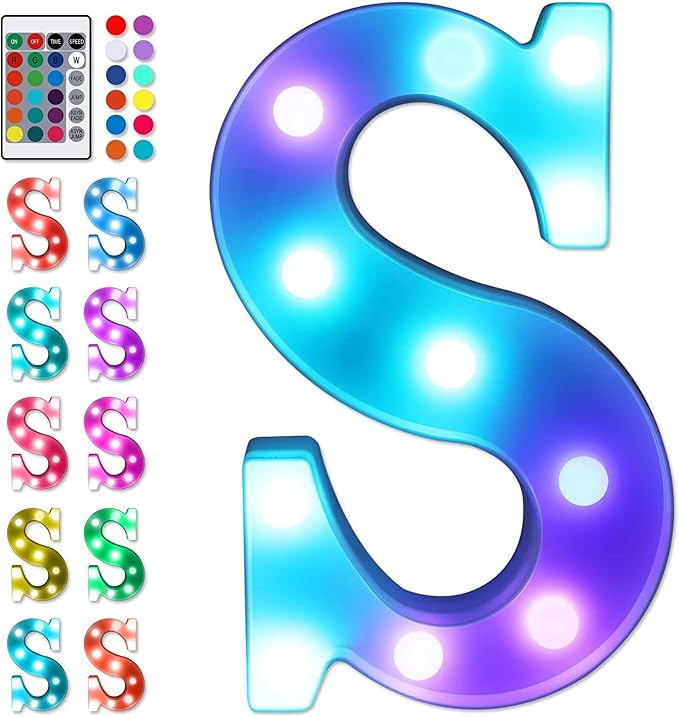 Foaky Colorful LED Letter Lights with Remote,Marquee Light Up Letters Sign for Night Light Wedding/Birthday Party Battery Powered Christmas Lamp Home Bar Decoration(S)