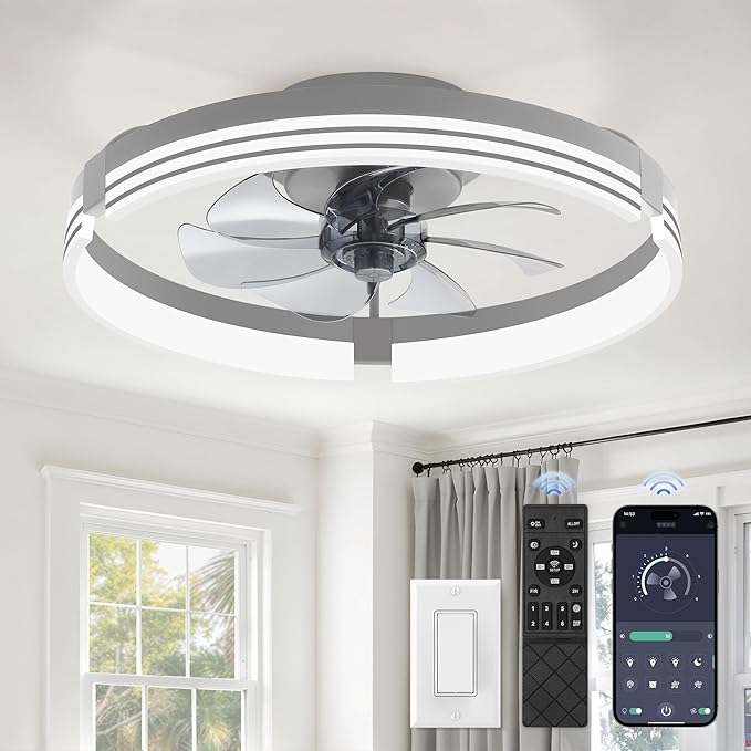 ZMISHIBO Low Profile Ceiling Fans with Lights and Remote, 20 Inch Flush Mount Ceiling Fan with Light, 3000K-6000K Dimmable Fandelier LED Fan Light, 6 Wind Speeds Grey Ceiling Fans for Bedroom