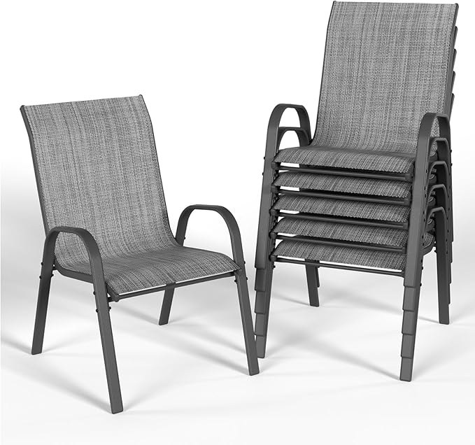 Patio Dining Chairs Set of 6, Outdoor Stackable Dining Chairs High Back, Patio Furniture for Backyard, Porch, Garden, Poolside (Grey)