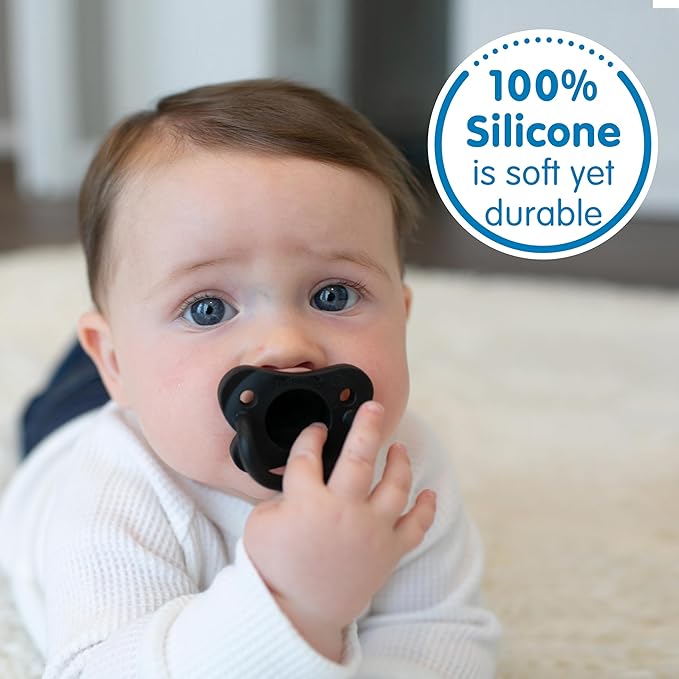 Dr. Brown's HappyPaci 100% Silicone Baby Pacifier, Contoured One-Piece Design, Gray, Black, White, 0-6m, BPA-Free, 8-Pack