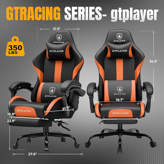 GTRACING Gaming Chair with Foot Rest & Pocket Spring Cushion, Ergonomic High Back Computer Chair with Headrest & 360°-Swivel Seat for Home Office Desk, PU Leather, Orange