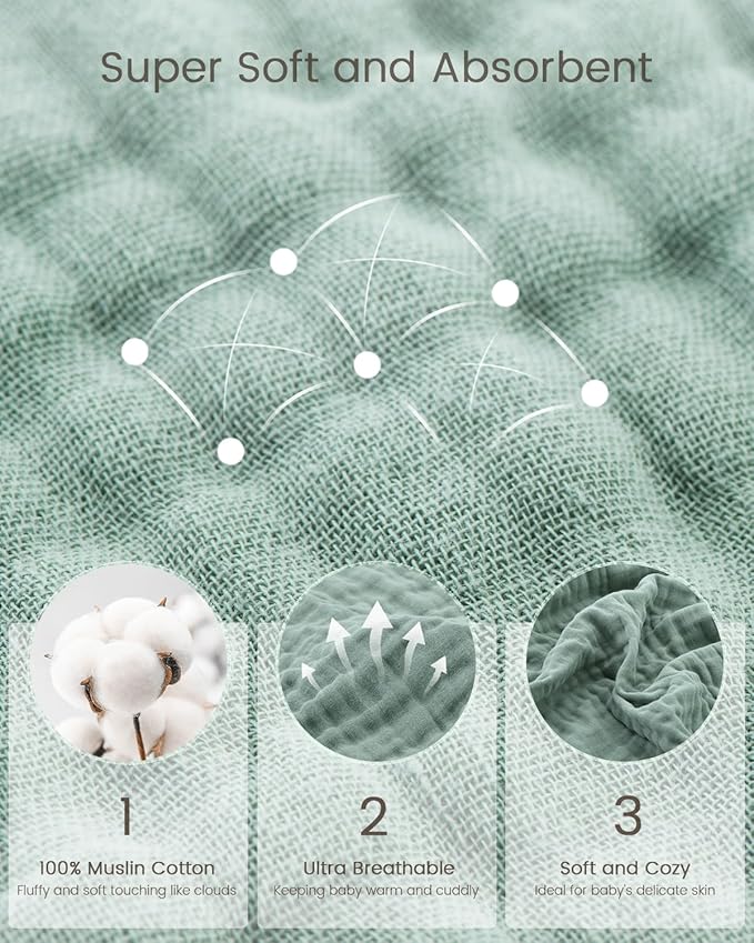Hooded Baby Towels for Newborn, 35x35 Inch 2 Pack 100% Muslin Cotton Baby Bath Towel, Soft Baby Beach Towels with Hood for Infants, Toddlers and Kids, (Roman Green + White)