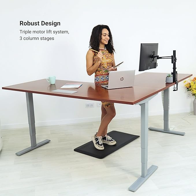 Progressive Desk Height Adjustable Computer Standing Desk - L Shaped 70" x 55" Corner Electric Stand Up Rising Workstation - Ebony Oak, Gray Frame