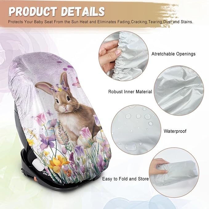Car Easter Decorations Baby Car Seat Cover Cute Bunny Car Sun Shade Cover for Baby, Infant Car Seat UV Protection Cover Protector, Keep Baby Toddler Cool and Safety
