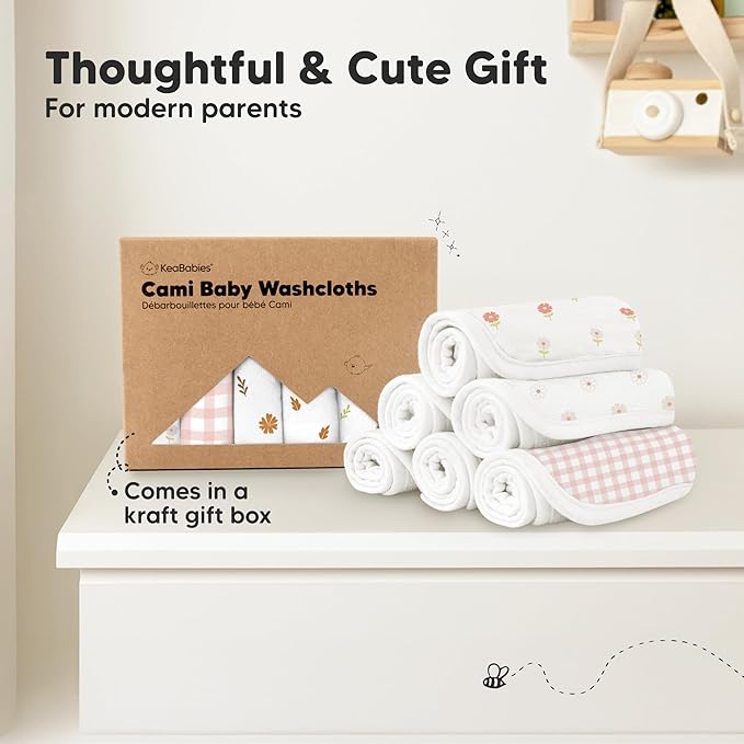 6-Pack Cotton Baby Washcloths for Newborn - Organic Cotton Muslin Soft Wash Cloths for Babies, Infant, Kids, Toddler Towels for Boy, Girl, Super Absorbent Face Cloths, Scratch-Free Baby Rags (Petals)