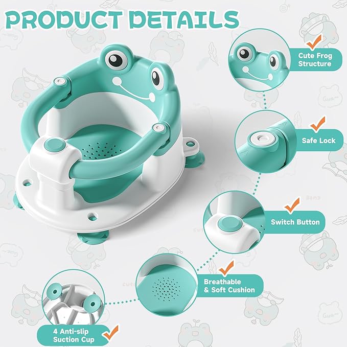 Baby Bath Seat for Babies 6 Months & Up - Toddler Bath Seats for Baby Sitting Up with 4 Suction Cups & Soft Cushion, Non-Slip Infants Shower Bathtub Chair for Newborn Boys Girls, Aqua