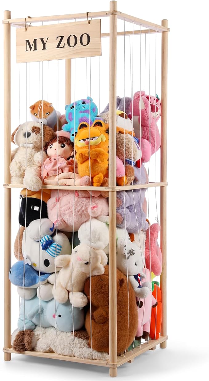 Stuffed Animal Storage Zoo, Wooden Stuffed Animal Organizer with Elastic Cords for Boys Girls, Space Saving Toy Plushies Storage Holder for Playroom, Bedroom, Living Room (Burlywood, Large)