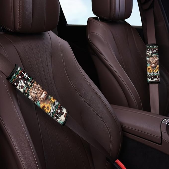 UNICEU Southwestern Tribal Aztec Highland Cow Car Seat Belt Covers for Women Men, Soft Shoulder Seatbelt Pads Cover Comfortable Seat Belt Pads Universal Fit,Highland Cow Car Accessory