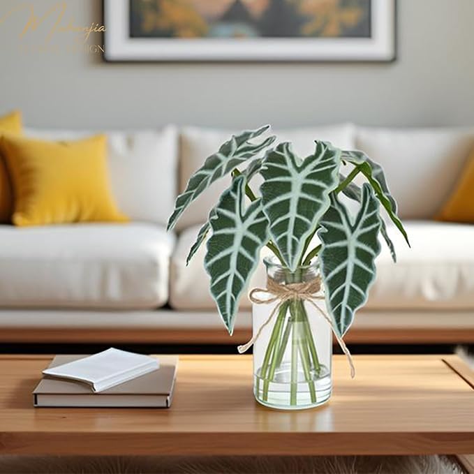 Artificial Flowers Turtle-Back, Alocasia Leaf, in Glass Vase with Faux Water,7Pcs Artificial Leaves Real Touch Latex Leaves for Centerpiece (2, Alocasia Leaf)
