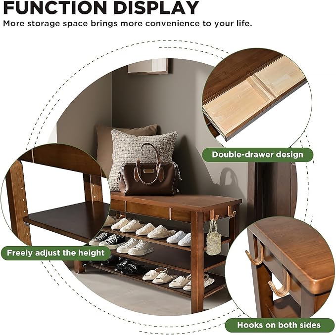 Wood Shoe Bench Entryway with Drawer: 3-Tiers Wooden Storage Shoe Rack with Bench Seat, Compact Mid-Century Modern Design for Entryway, Hallway,Closet,Front Door Entrance,Foyer Walnut 43.3"