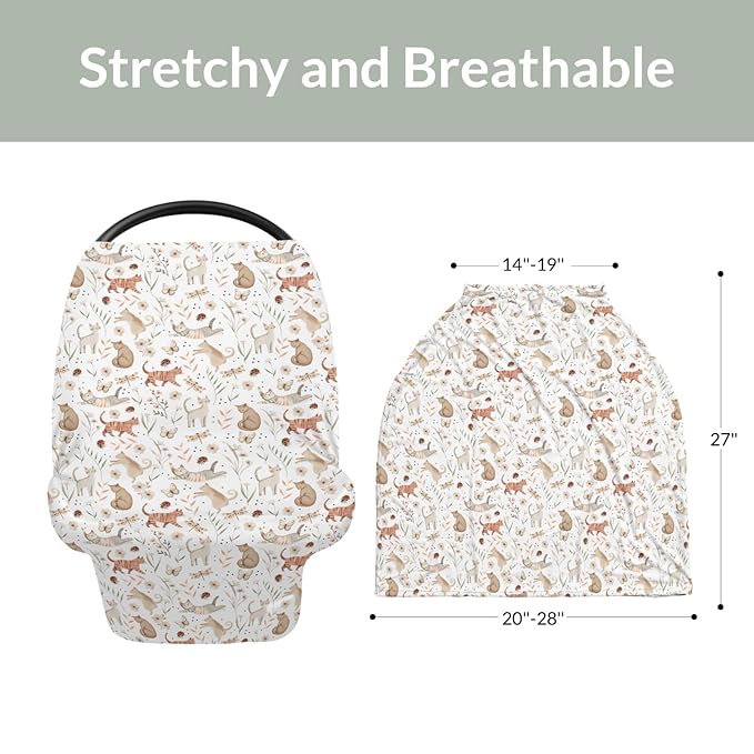 Cute Cat Boho Floral Leaves Baby Car Seat Covers Fun Kittens Meadow Butterflies Stretchy 5-in-1 Cover Adjustable Infant Carseat Canopy Cover Cats Lover Gift Breathable Nursing Cover-Up