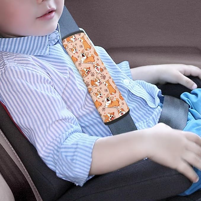 Biyejit Cute Corgi 2 Pieces Set Seat Belt Cover for Kids, Soft Anti-Skid Seat Belt Cushion for Children, Car Seat Belt Pads Cover for Girls and Boys
