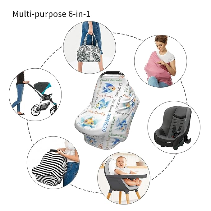 Personalized Baby Car Seat Cover with Name Stroller Canopy Custom Angelfish Carseat Cover Newborn Baby Boy Girl Nursing Cover for Moms First Birthday Gift