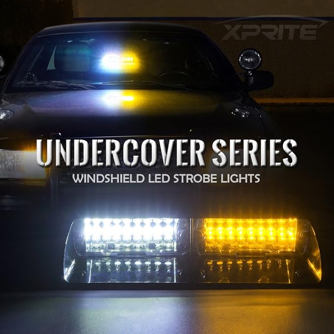 Xprite Amber White LED Emergency Dash Strobe Light, Interior Windshield Safety Warning Traffic Lights w/Suction Cups, 12V Windshield Visor Light Bar for Construction Trucks Plows Postal Security Cars