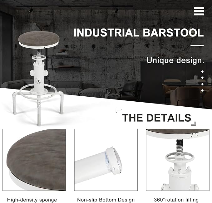 Topower Antique Vintage Industrial Barstool PU Leather Water Pipe Fire Hydrant Design Cafe Coffee Industrial Bar Stool Set of 2 Antique White