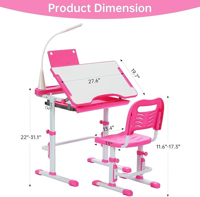 Real Relax Kids Desk and Chair Set, Children's Multifunctional School Tables with Tilt Desktop, LED Light, Metal Hook Pink