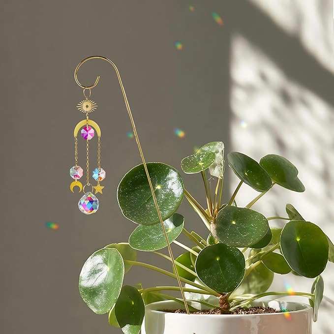 HDCRYSTALGIFTS 6PCS Small Trellis for Potted Plants Indoor with Crystal Sun Catcher, 13.5'' Metal Plant Stakes Suncatchers for Mini Potted Plant Accessories Home Garden Decor