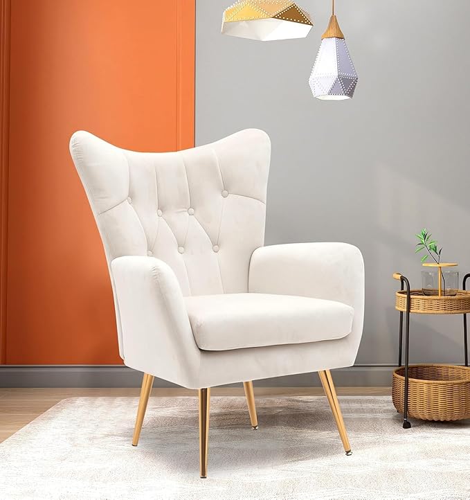 Container Furniture Direct Modern Chic Mid-Century Velvet Accent Armchair for Living Room, Bedroom, or Home Office, Button-Tufted Wingback Design with Gold Flared Legs, Ivory