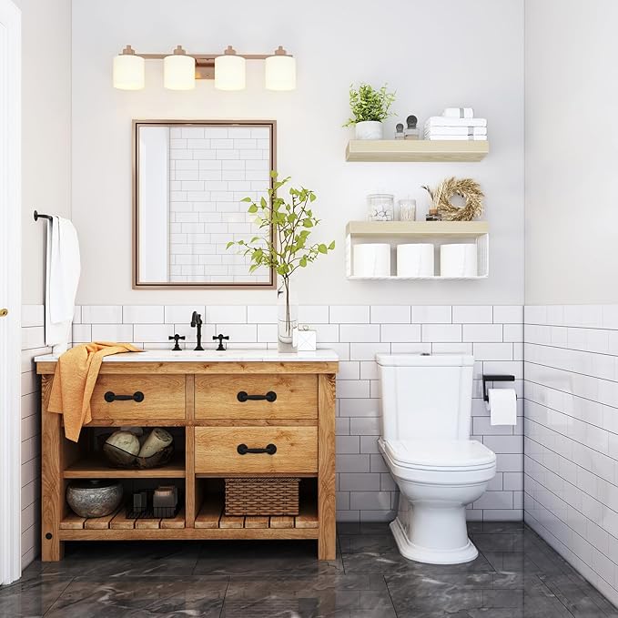 QEEIG Bathroom Shelves Over Toilet - Wall Mounted Floating Shelves Toilet Paper Storage Small Farmhouse Decor Shelf 16 inch Set of 2, Natural (019-BNW2)