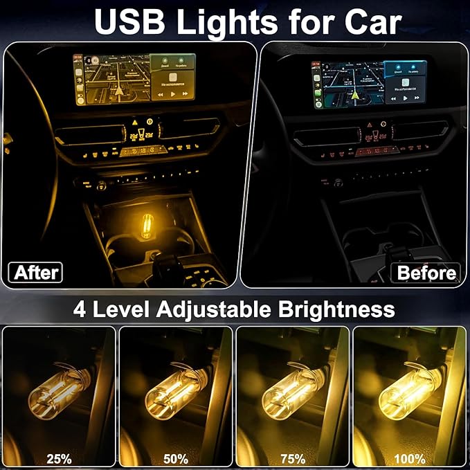 2 PCS USB Car Interior Lights, Plug-in Retro Car Atmosphere Lamps with Touch Adjustment, Portable Mini Nightlights, Universal Ambient Lighting Kits for Vehicle Interior Accessories (Yellow)