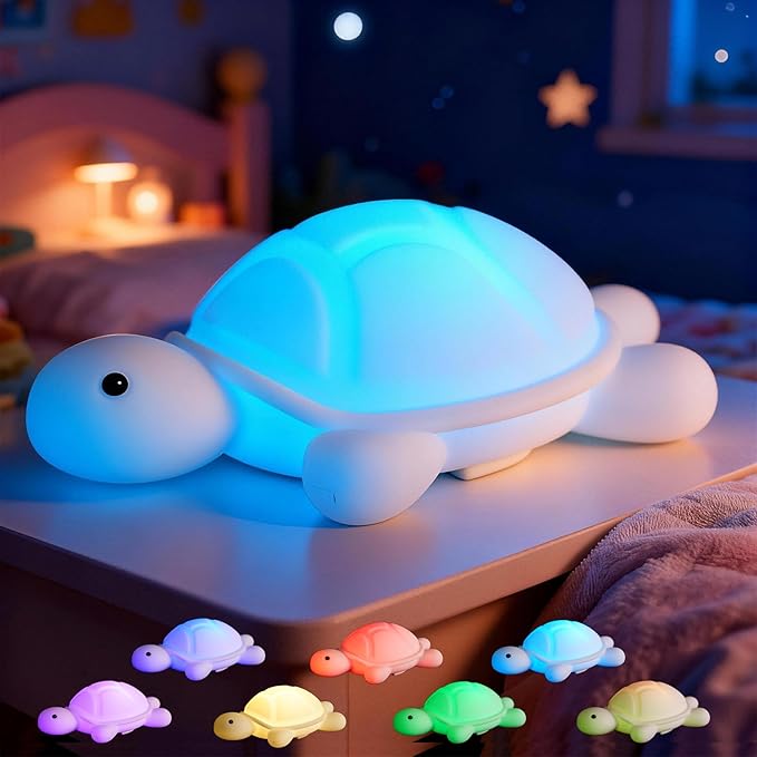 Turtle Night Light, Sea Turtle Gifts, Cute Soft Silicone Squishy LED Lamp with 7 RGB Colors , Dimmable, Timer, Touch Control, Kids' Bedroom Decor, Gift for Children, Breastfeeding Nursery Birthdays